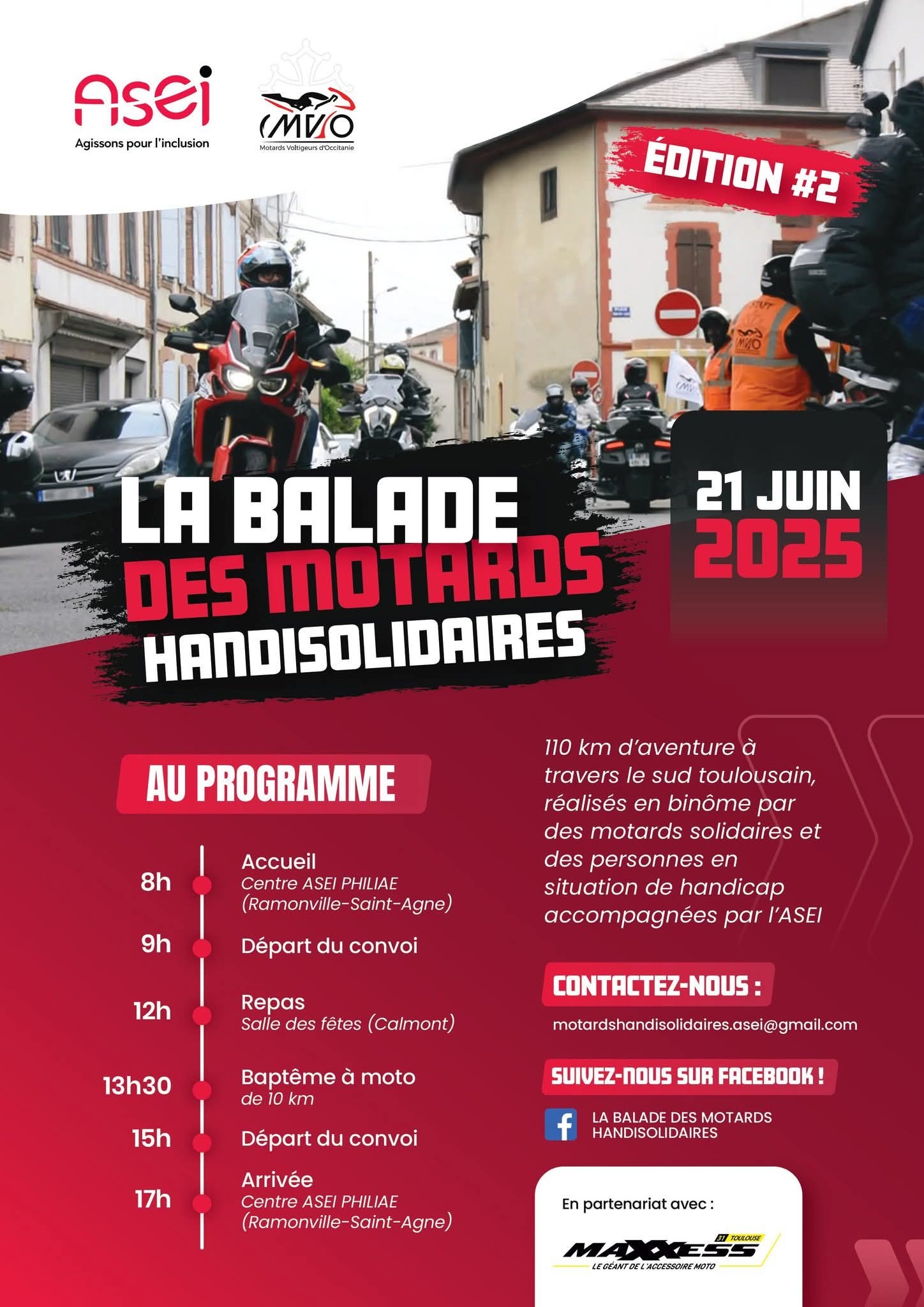 Affiche de la balade des Motards HandiSolidaires 2025 organisée par l'ASEI
